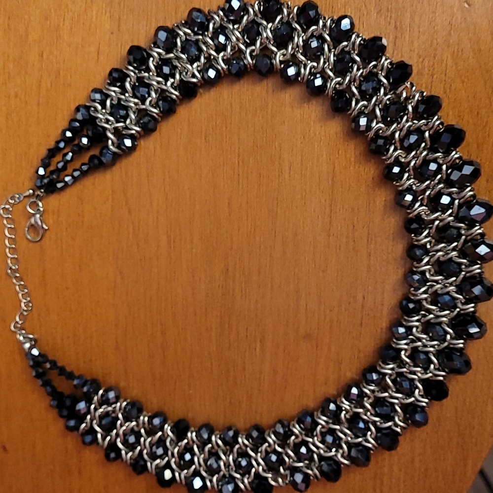 Navy Silver Wide Necklace Beaded Heavy